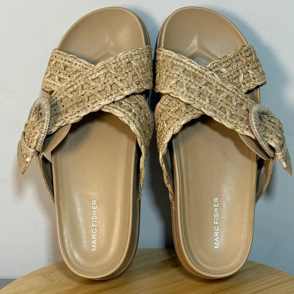 Marc Fisher Welti Woven Buckle Platform Sandal Women's 10M‎ Tan Nude Straw BOHO